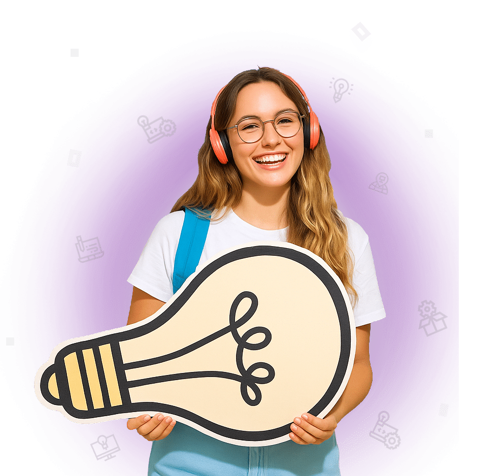 imagen chica sosteniendo ampolleta con iconos alrededor