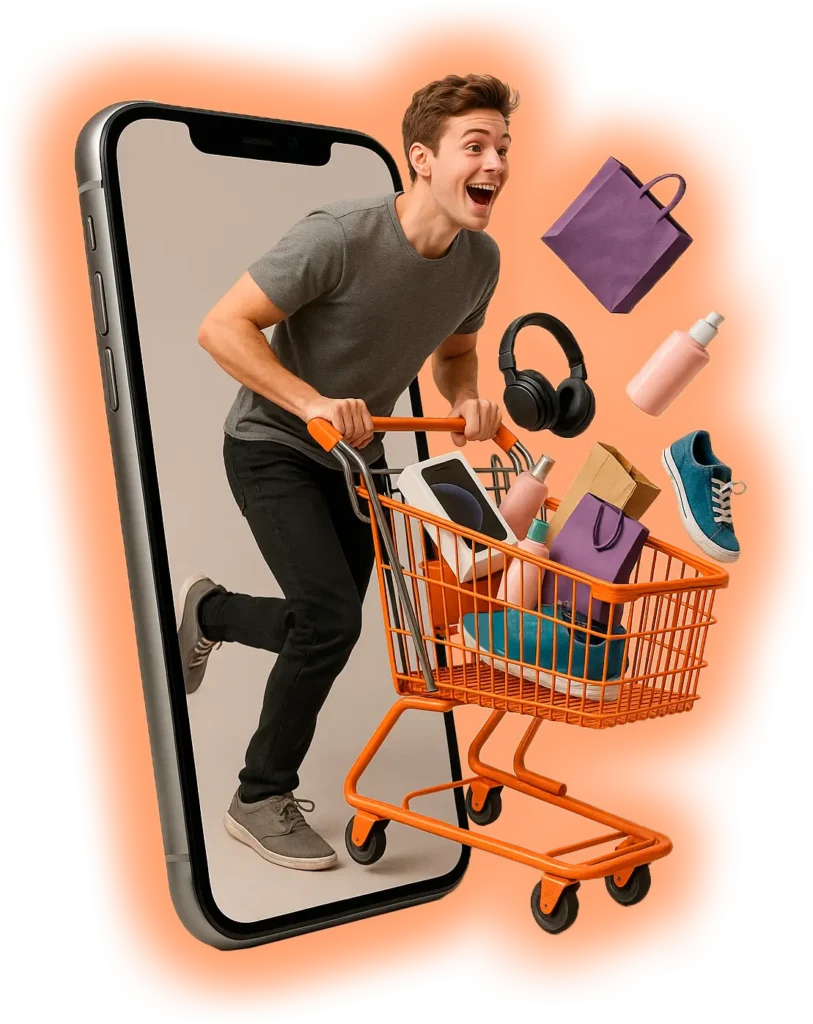 Hombre saliendo de un celular con un carro lleno de productos, simbolizando una tienda online WooCommerce que convierte visitas en ventas reales.