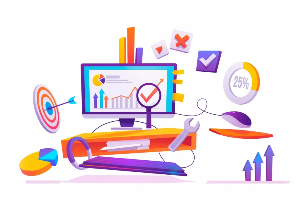 Ilustración colorida con gráficos, herramientas y elementos SEO representando la optimización técnica de un sitio WordPress