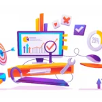 Ilustración colorida con gráficos, herramientas y elementos SEO representando la optimización técnica de un sitio WordPress