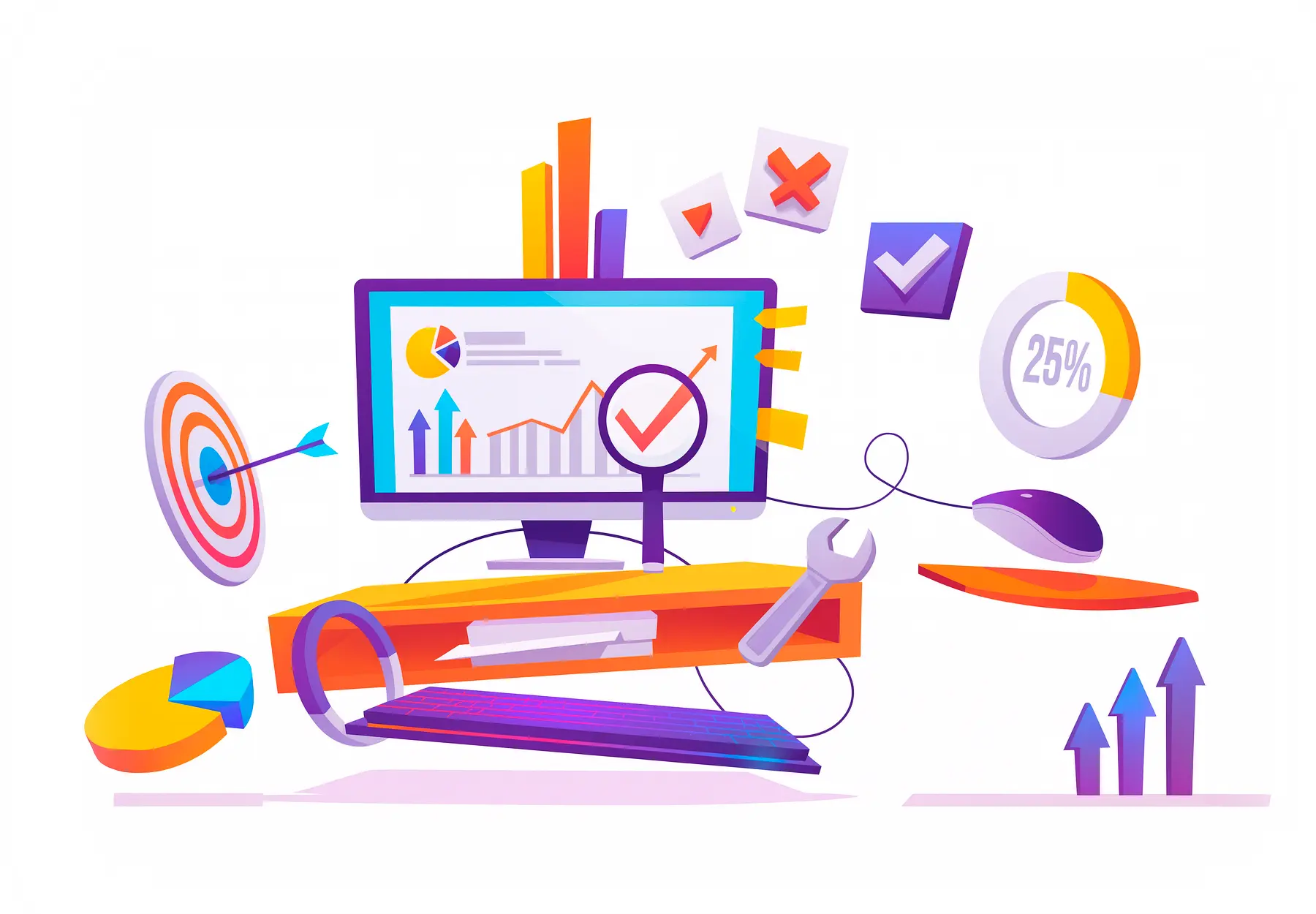 Ilustración colorida con gráficos, herramientas y elementos SEO representando la optimización técnica de un sitio WordPress
