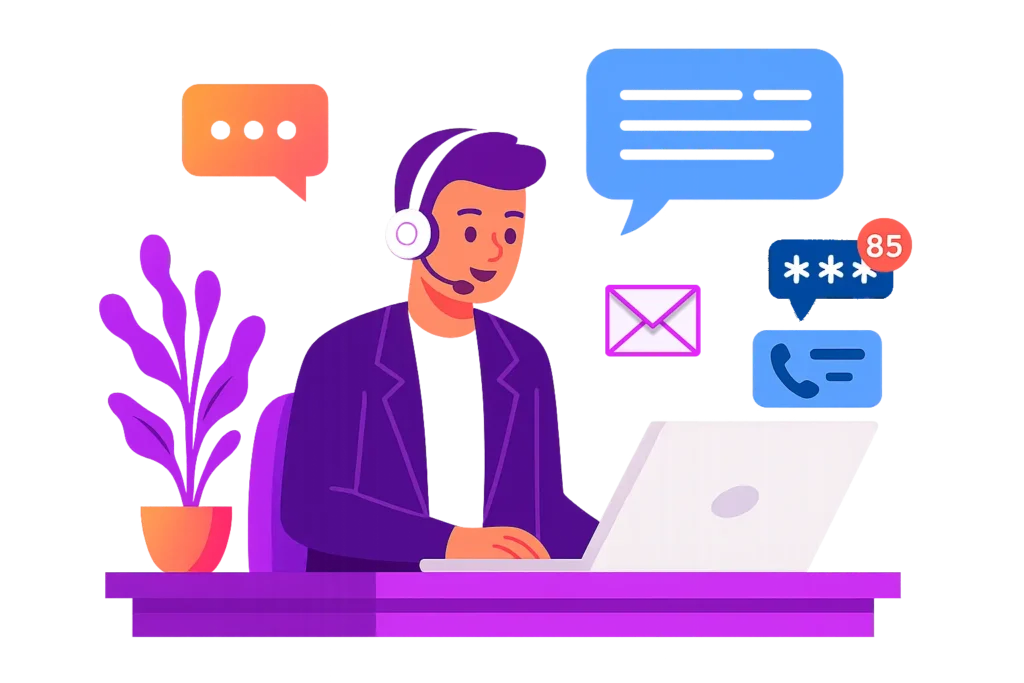 Ilustración colorida de agente de soporte técnico usando laptop, con íconos de mensajes, correo y llamadas representando atención personalizada en WordPress