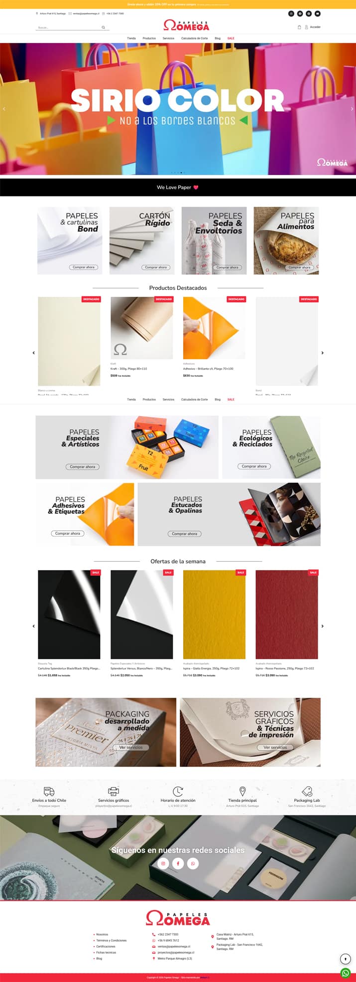 Imagen página de inicio Papeles Omega completa. Tienda online ecommerce woocommerce wordpress