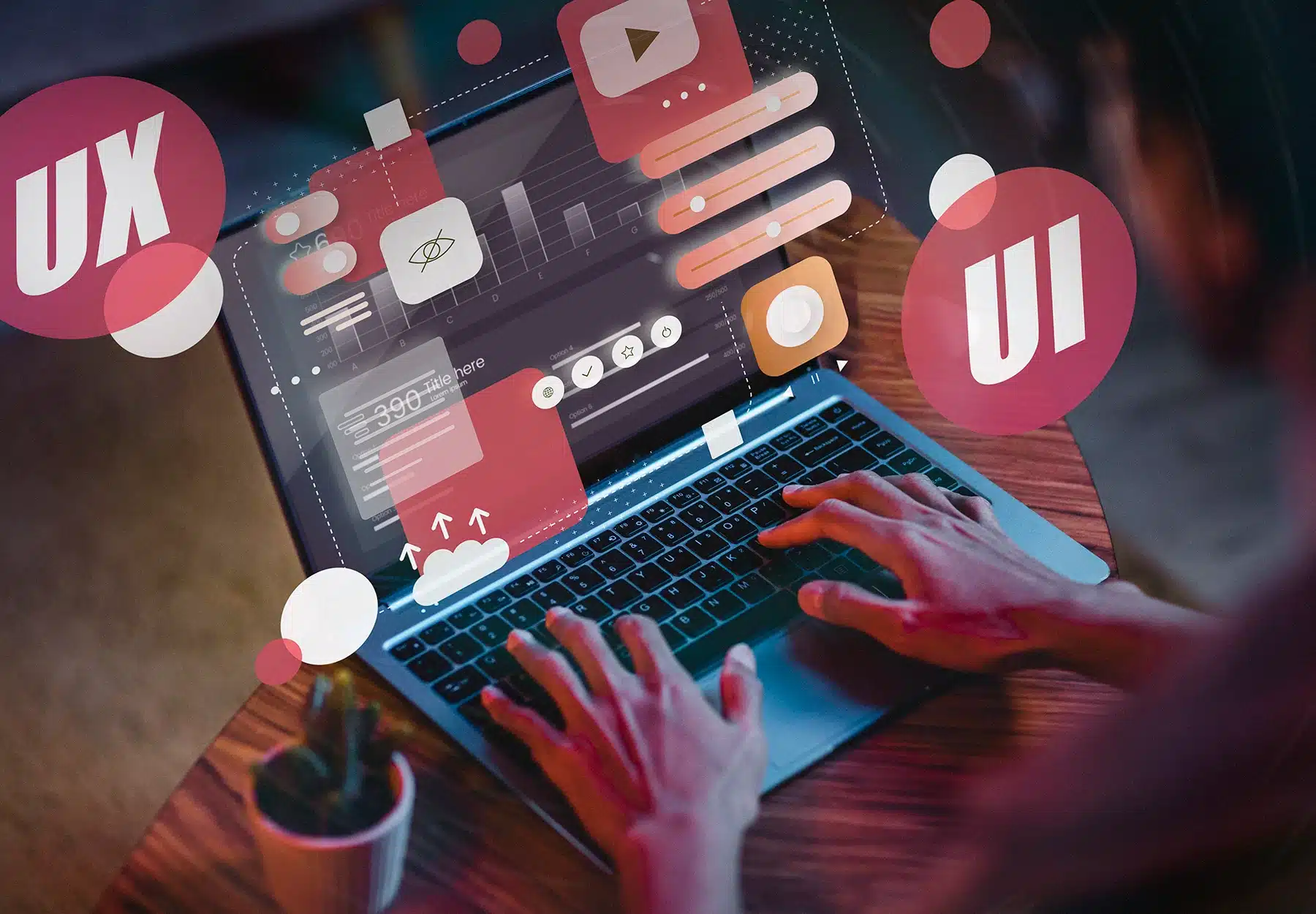persona trabajando en laptop con elementos de diseño UX y UI, representando la optimización visual y experiencia de usuario en una página web profesional