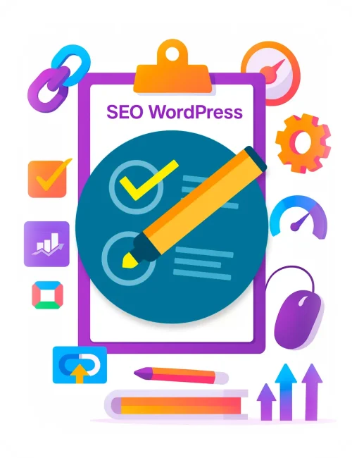 Ilustración colorida de una lista de verificación de servicios SEO WordPress con íconos de velocidad, enlaces, contenido y herramientas técnicas